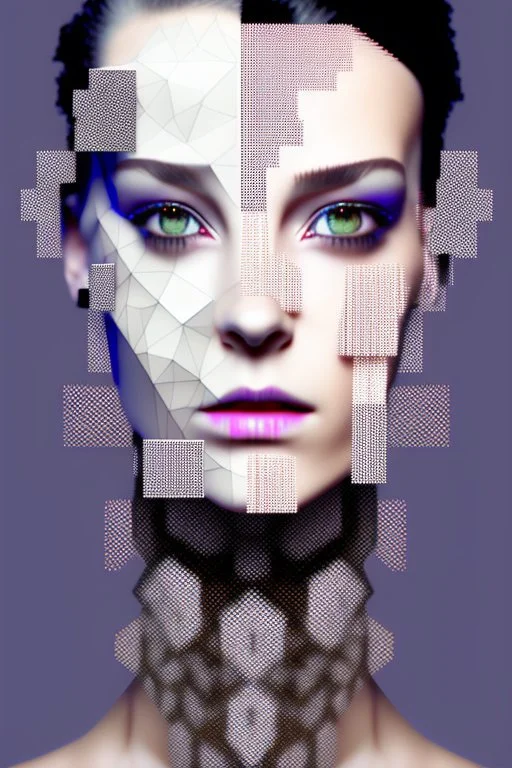 Face Shape: Glitched and polygonal—flickers between perfect symmetry and broken geometry. • Skin: Covered in pixel-like holes and corrupted data patches that flash white noise. • Eyes: One large eye that flickers like a corrupted camera lens. Bleeds binary code. • Hair: Flickering cables that spark when touched, or dissolve into numbers. • Outfit: Broken digital armor, like an unfinished VR avatar—parts are missing or out of sync.