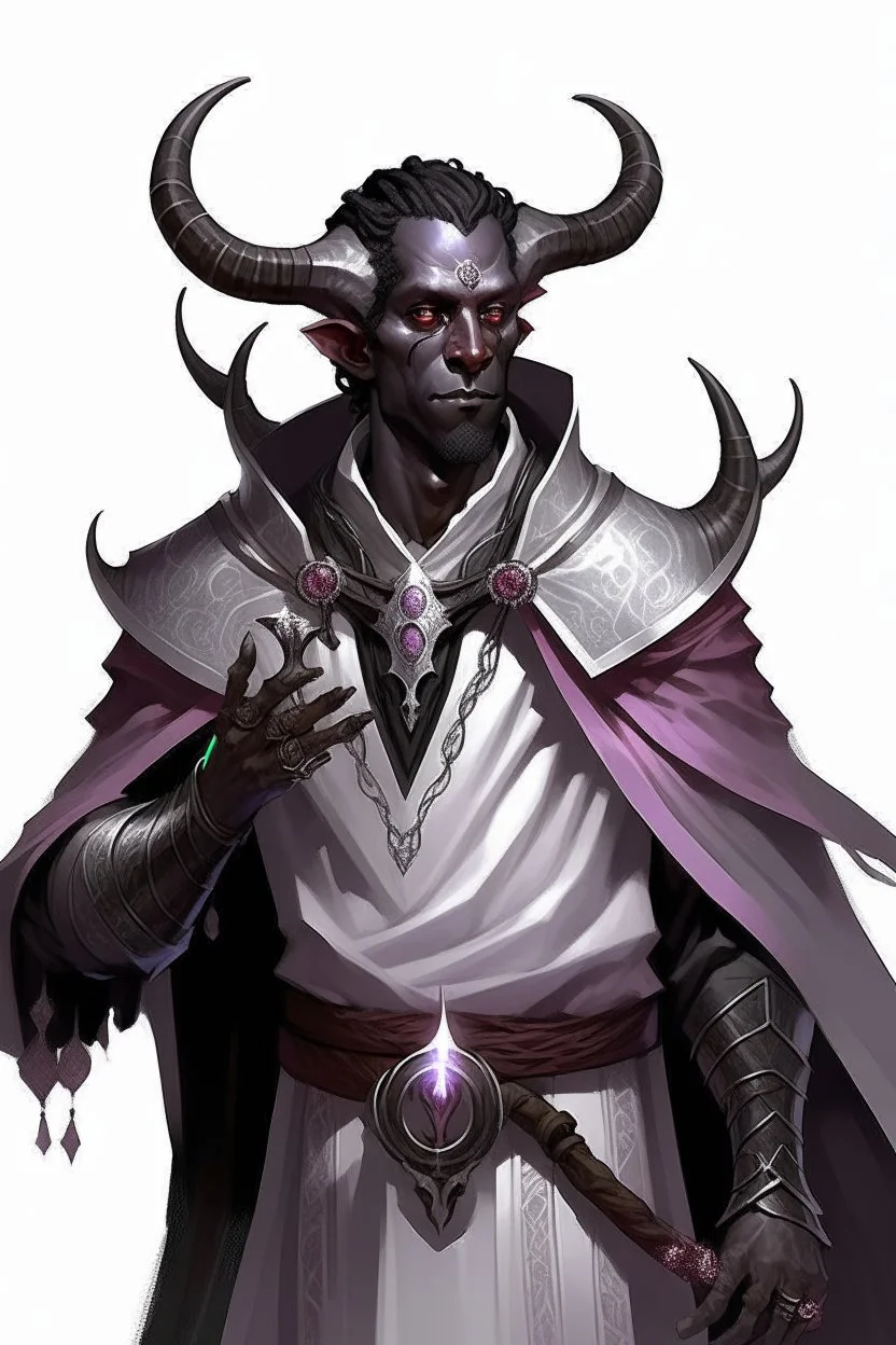 En Young male Black skin black hair tiefling Wizard with large horns glowing Silver and White symbols Everywhere on his body. He's wearing silver and White Rope and a silver cloak. His horn a perfectly place on acet from the front to the back pointing upwards with glowing Red cat Eyes. His close is elegant get simple his horns Are Same size. A little bit of Purple on his close