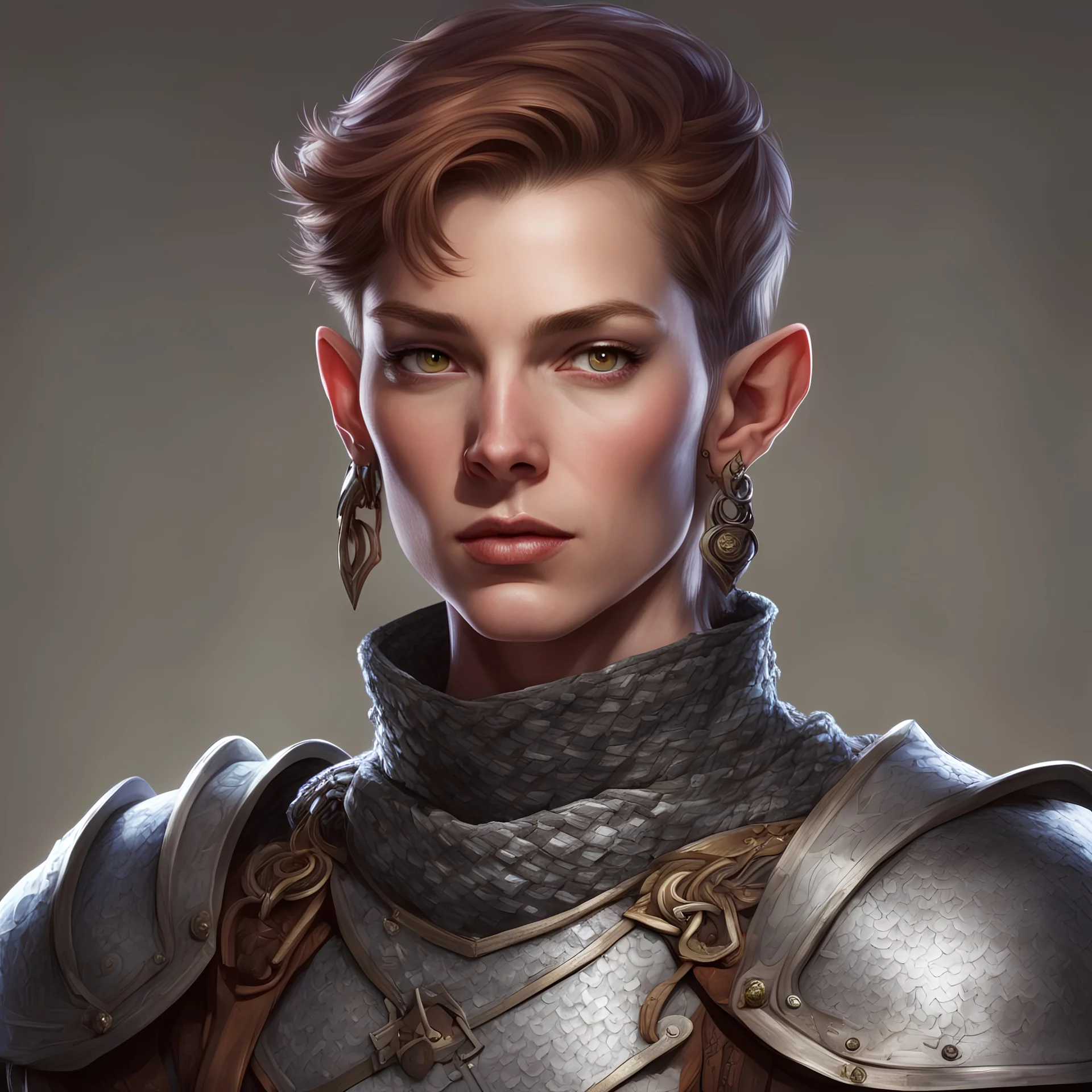 dungeons and dragons; portrait; solid background; human; chainmail; round ears; short hair; no collar; androgynous; soldier; middle aged