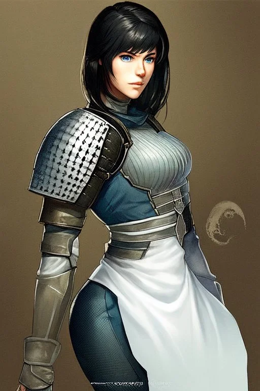 Motoko Kusanagi from "Ghost In The Shell (1995)", clad in medieval stell plate armour, alone, blue eyes, perfect, beautiful, black hair, realistic proportions, androgynous