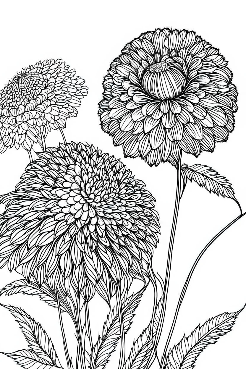 Outline art for coloring page, GARDEN OF ZINNIA FLOWERS, coloring page, white background, Sketch style, only use outline, clean line art, white background, no shadows, no shading, no color, clear