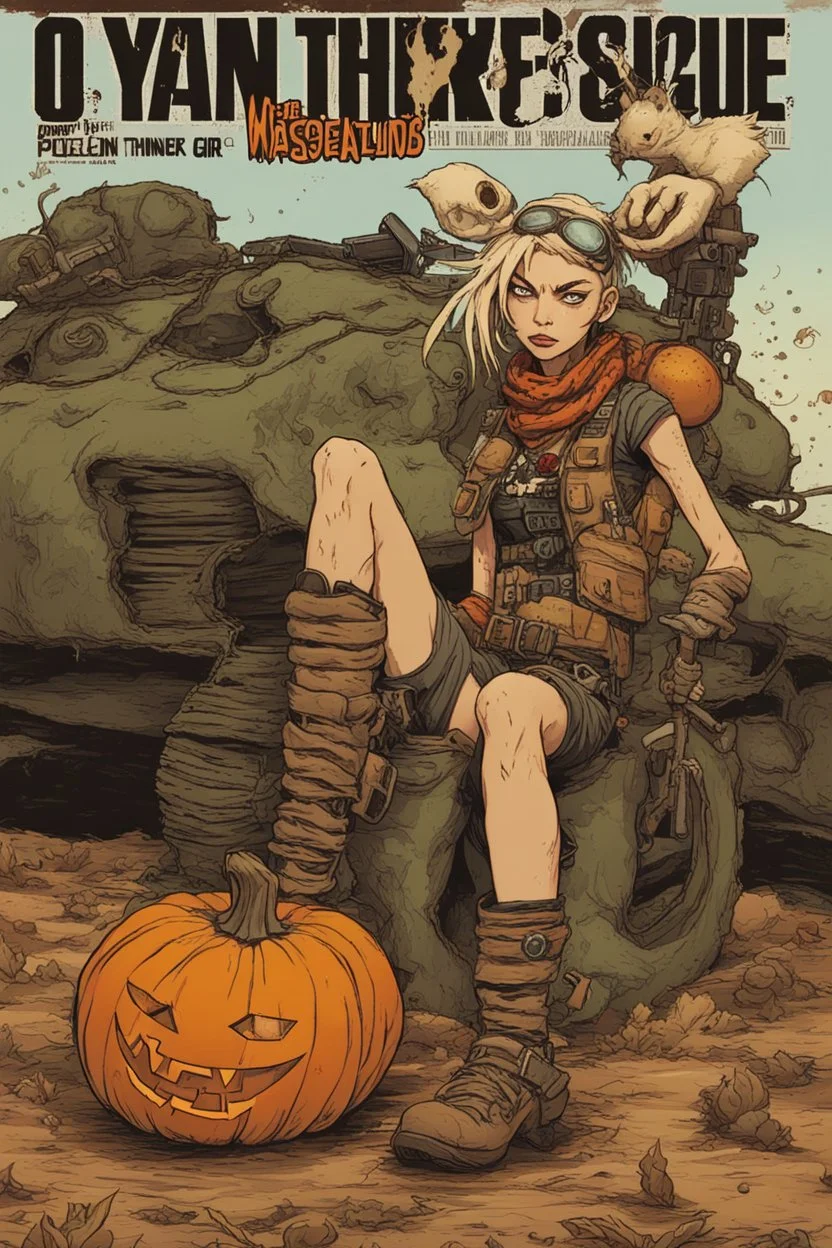 The editors want somethin' new for their magazine yarn but all I can think of is ol' Tank Girl and her latest pumpkin misadventures in the wasteland. I dig deeper in me pumpkin thinker but it's feelin' rather squashy - must be all the pumpkin spice coffee I've been swiggin'. Wonder where our favorite rogue raider's gotten herself to this time? I picture her zoomin' across the dusty flats on her trusty pumpkin-orange dragster, her tatty leather coat flappin' in the breeze. Desert as far as the ey