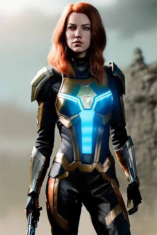 comic book illustration, concept art, strikingly beautiful (18 year old girl:1.2),_skimpy sci-fi armor_, Hair (long ginger:1.1), Face (freckles:1.2), body, medium breasts (light cleavage:1.2), tracing, ambient light, highres, (hyperrealistic:1.2), (perfect face:1.1), intricate (high detail:1.1) body, beautiful detailed eyes (emerald:1.3), _camera_, plump lips ,sci-fi theme, Model hash: ddc3021b