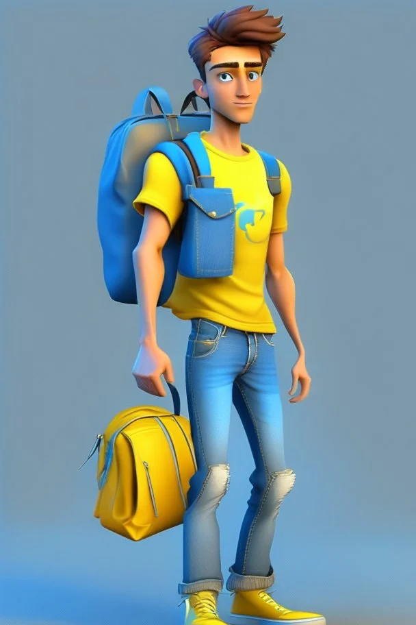 3d character cute beautiful male it should be artist and look an college student character with yellow T shirt and blue Jeans with bag.