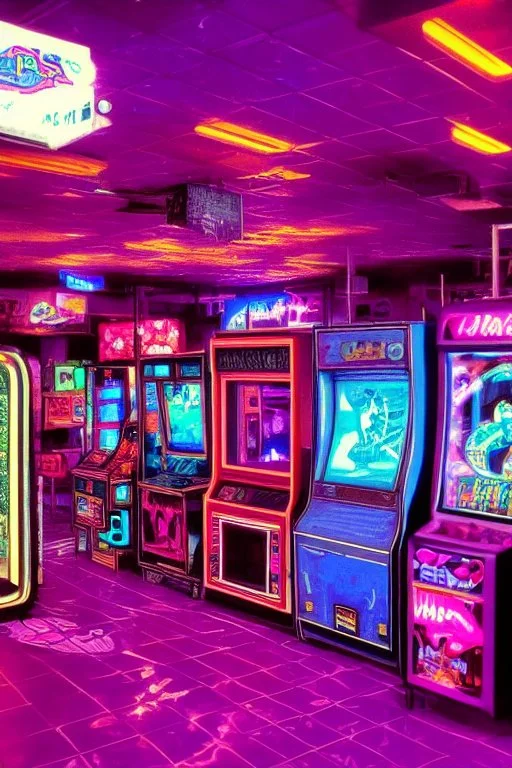 A dark photo an 80's aesthetics arcade at night, with a lot of functioning arcade machines, a vaporwave floor and some colorful tiles in between the floor. Purple Themed, purple aesthetics.