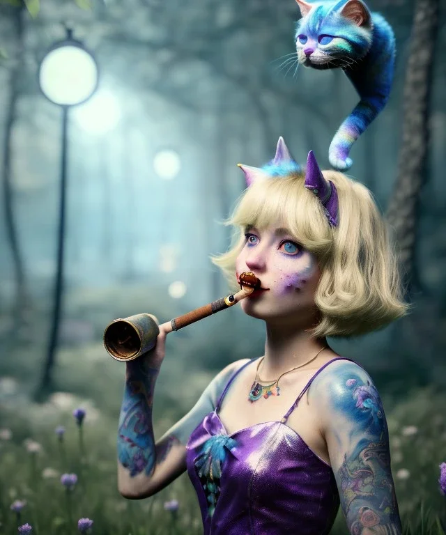 Ultra realistic wonderland photo, happy blonde woman smoking a pipe, blue dress, purple cat friend, circus dress style, old school tattoo, smoke, marijuana garden, glow eyes, perfect iris, soft color, highly detailed, unreal engine 5, cinematic, ultra detail, volumetric lighting, high definition.