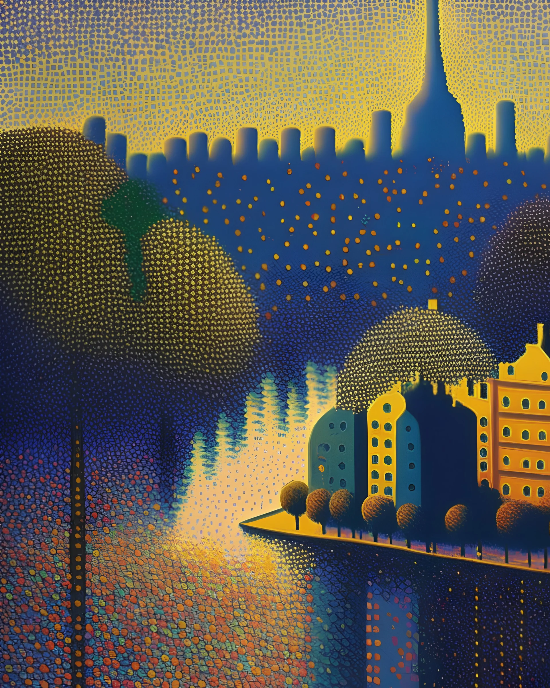 style of pointillism, intricate dot patterns, rich color gradients, and contrasting areas of light and shadow, 14K resolution, inspired by the works of Georges Seurat and Paul Signac, highlighting the beauty of urban landscapes and the interconnectedness of human society.