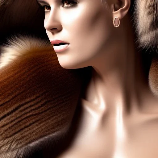 A portrait very beautiful woman, longs hairs, realistic, cinematic lighting, 8k, fur coat