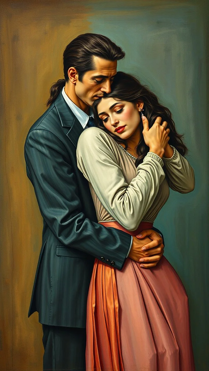 Dali style picture , a man and a women hugging each other’s