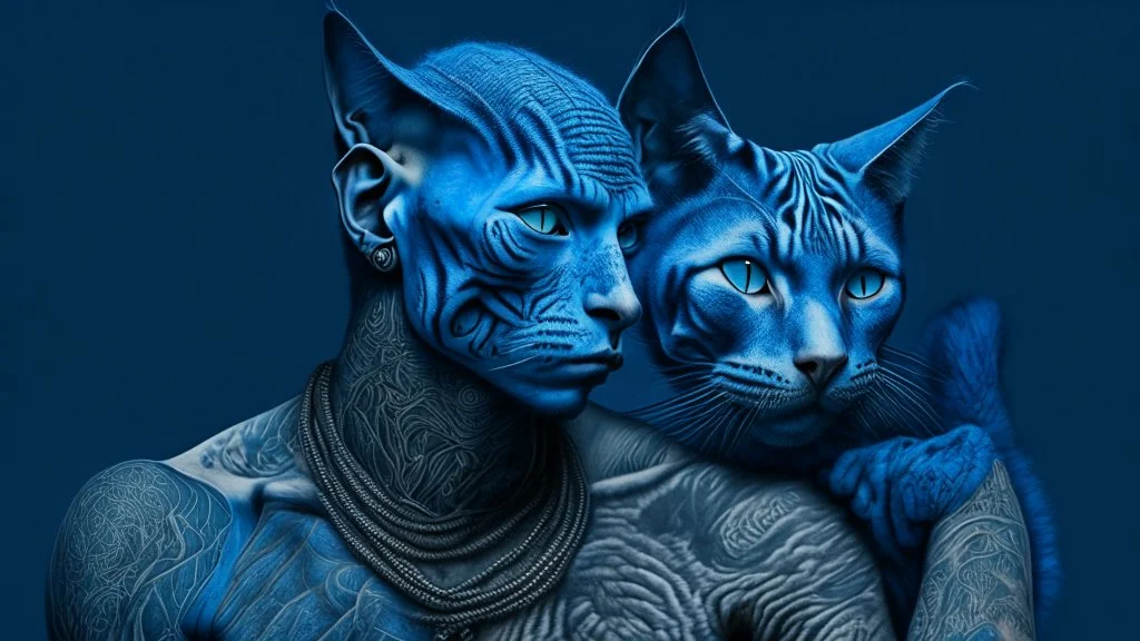 blue background, cat man, wool, fine drawing, high detail, 8K, tattoos,