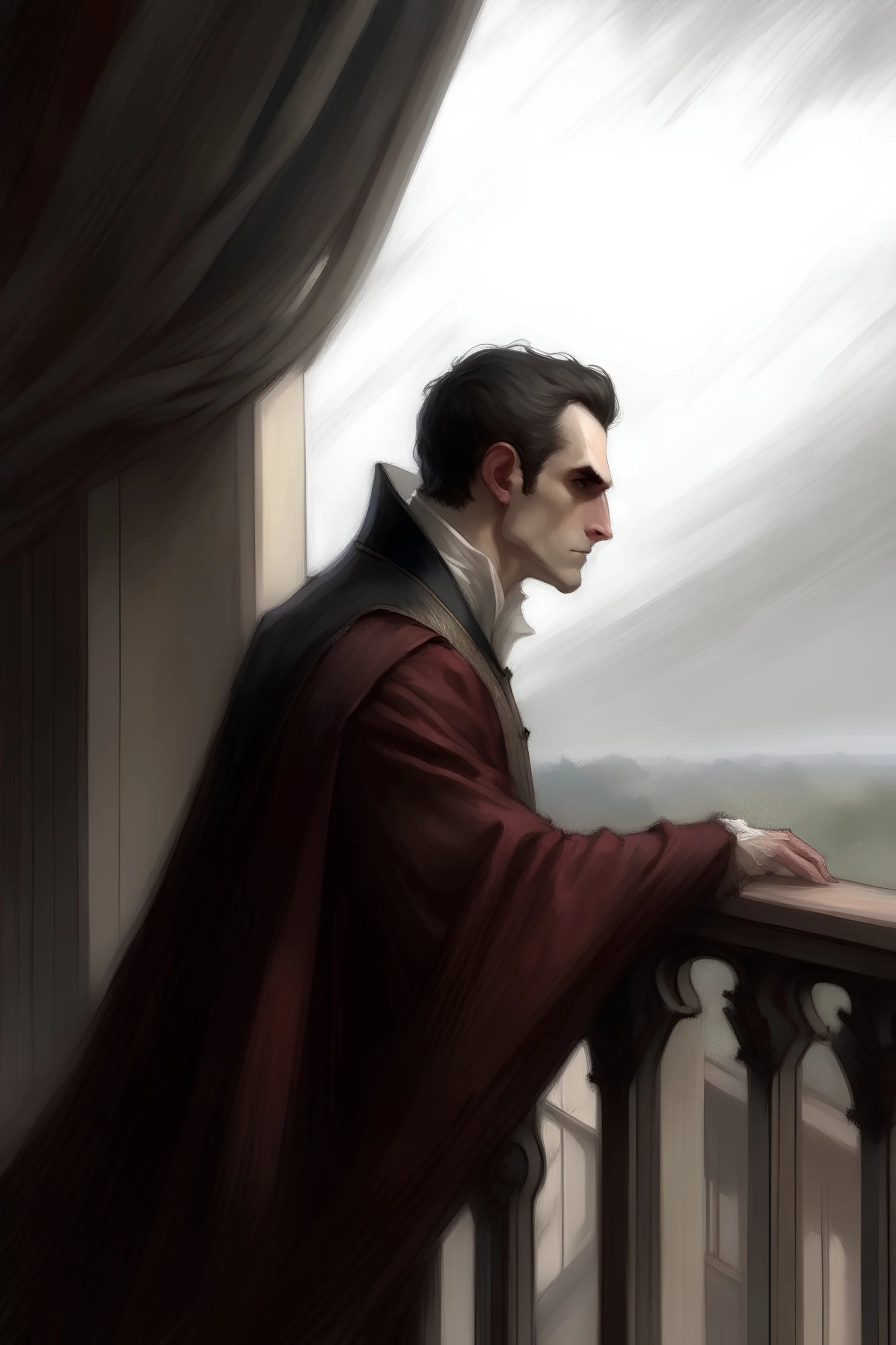 painting of a handsome victorian vampire looking out on a balcony, side view, cloak billowing in the wind