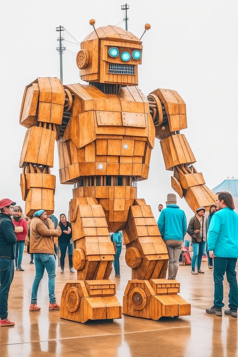 little people looking at huge dancin giant robot of vitalik buterin at burning man festival in the rain