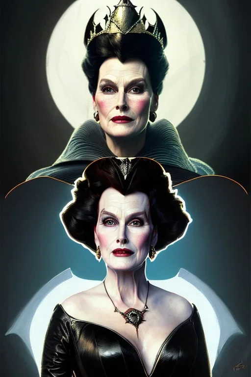 painting of merryl streep as evil queen in black leather gown, feminie, angry, stern look on her face, volouptous, busty, cleavage, emperious, mature, highly detailed, digital painting, artstation, concept art, smooth, sharp focus, illustration, art by gaston bussiere and alphonse mucha