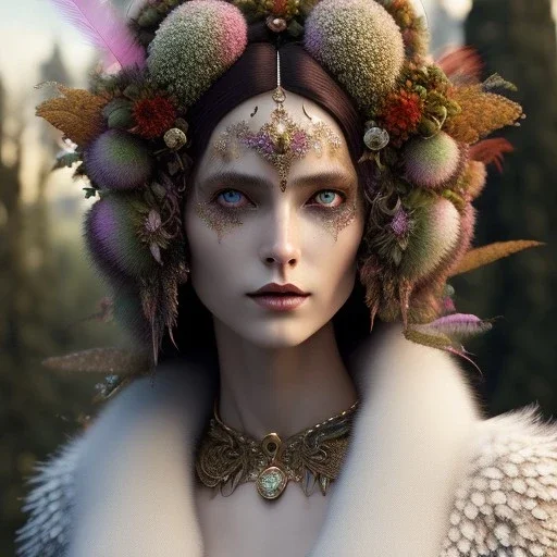 woolitize, frida, rusty metal, feathers, Dryad, fae, sidhe, ominous, nature, plants, wildflower, facepaint, dnd character portrait, intricate, oil on canvas, masterpiece, expert, insanely detailed, 4k resolution, retroanime style, cute big circular reflective eyes, Pixar render, unreal engine cinematic smooth, intricate detail , soft smooth lighting, soft pastel colors