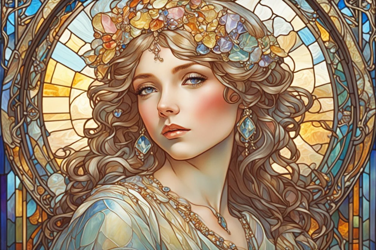 Stained Glass beautiful girl with jewels, pastel colors, in sunshine elegant extremely detailed very attractive beautiful dynamic lighting colourful Alphonse Mucha