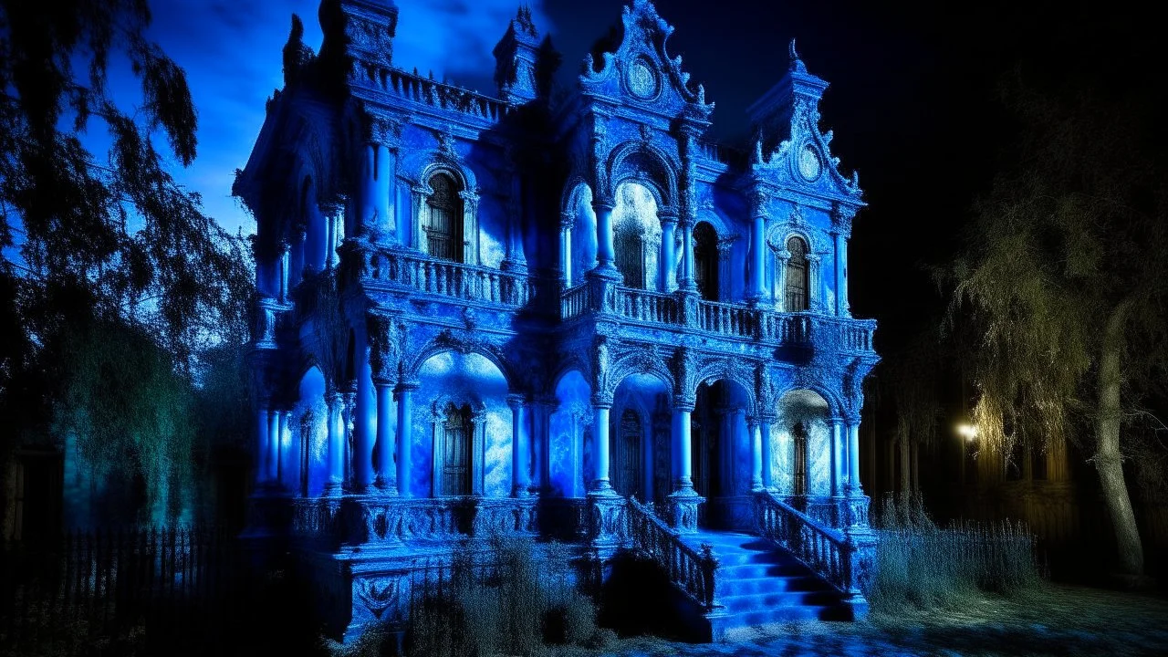 A blue haunted mansion with ghosts designed in ancient Roman mosaics painted by Claude Monet