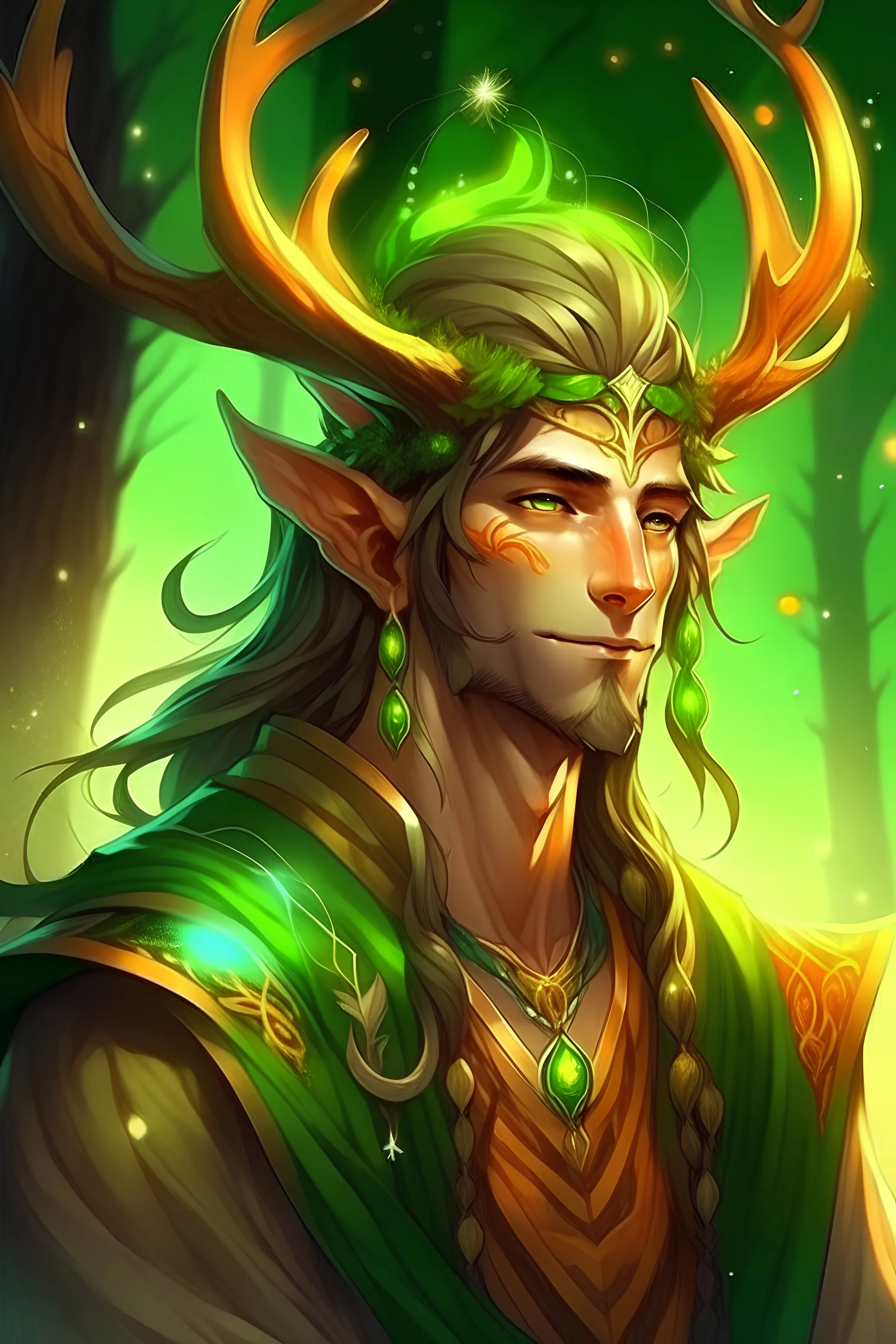 warm hair summer radiant warmth elf ear Eladrin Male antlers mossy short stubble druid of the stars