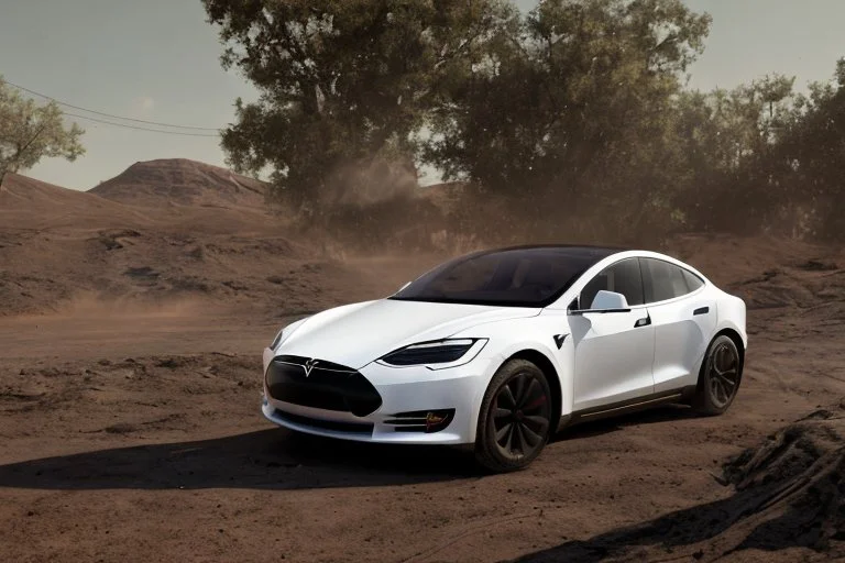 A Tesla 'Model Y' is racing at top speed, at the lunar landing site of the 'Apollo 11'. (CINEMATIC, WIDE ANGLE LENS, PHOTO REAL)