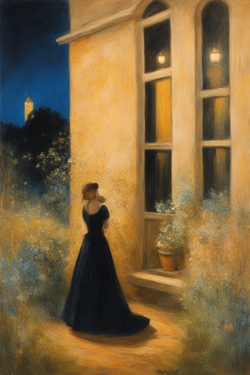Night, vegetations, flowers, one woman, house, distant buildings, theodor philipsen, and claude monet paintings