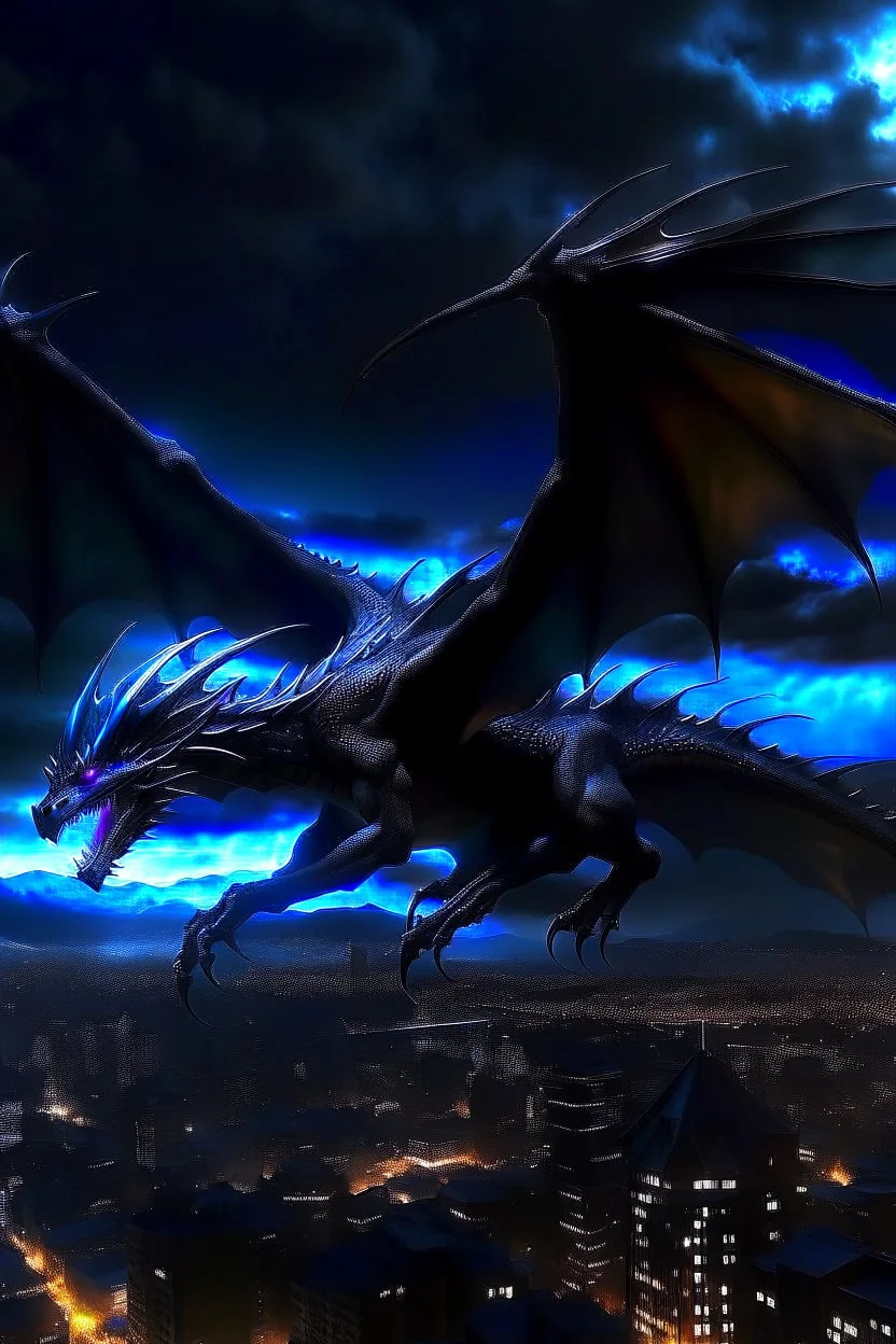 black dragon in flight city in the background at night