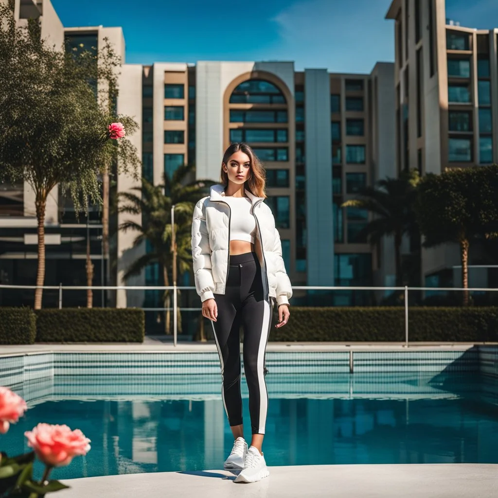 fullbody shot of young-beautiful-girl-with-a-perfect-face-with-make-up-wearing- sport pants and jacket standingnext to a big Square with a flowers and small round pool with clean water in center , modern city scape environment .