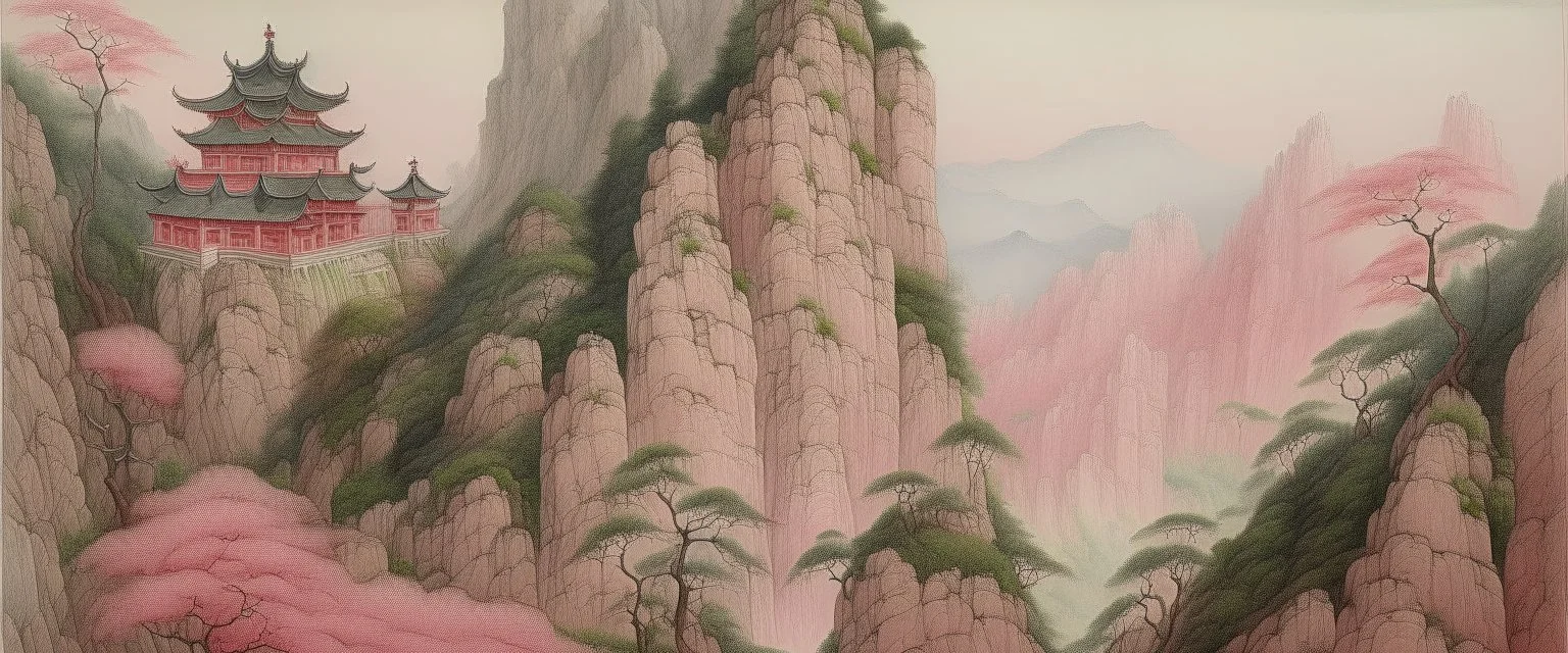 A pale pink castle near a gorge painted by Cai Jia