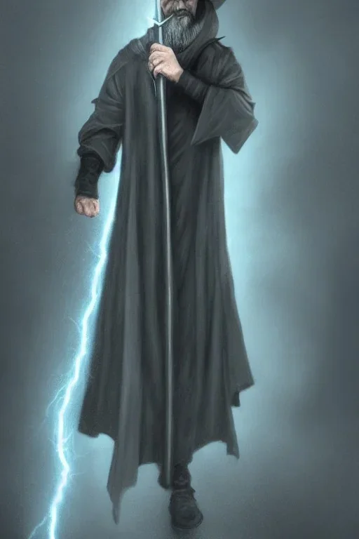 Tall Wizard, dark broody, long staff in hand, grey cloak, photorealistic, lightning background, fedora