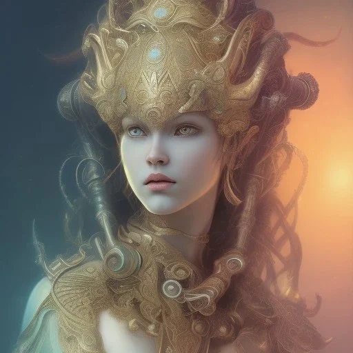 fantasy magic, intricate, sharp focus, illustration, highly detailed, digital painting, concept art, matte, art germ and Paul Lewin and Kehinde Wiley, masterpiece silver elephant head bronze Buddha Asian girl nice breast turquoise golden waves