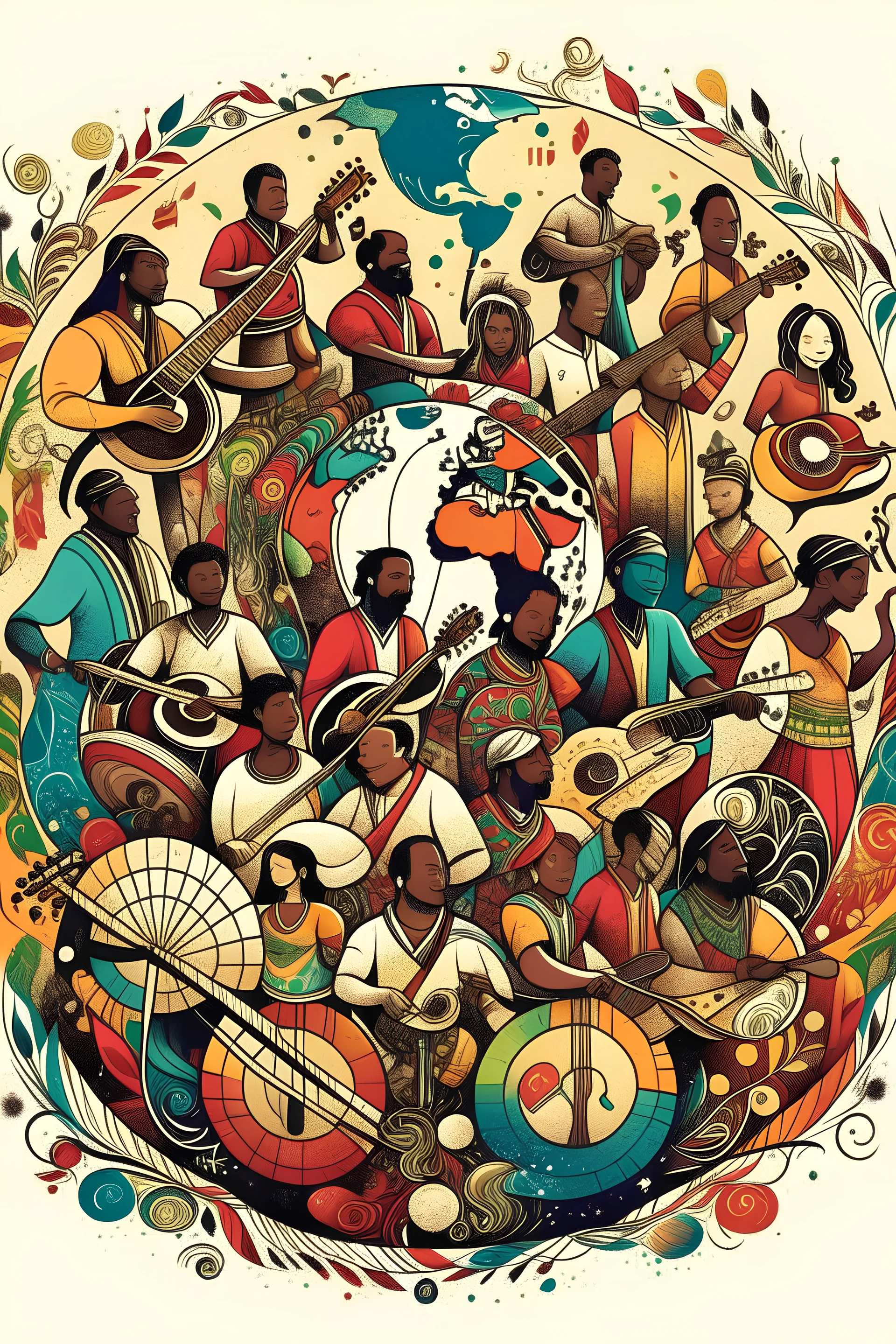 An image of a global orchestra made up of musicians from different cultures. This orchestra is a symbol of unity among people from different cultures. This orchestra shows that people from different cultures can work together and create beauty