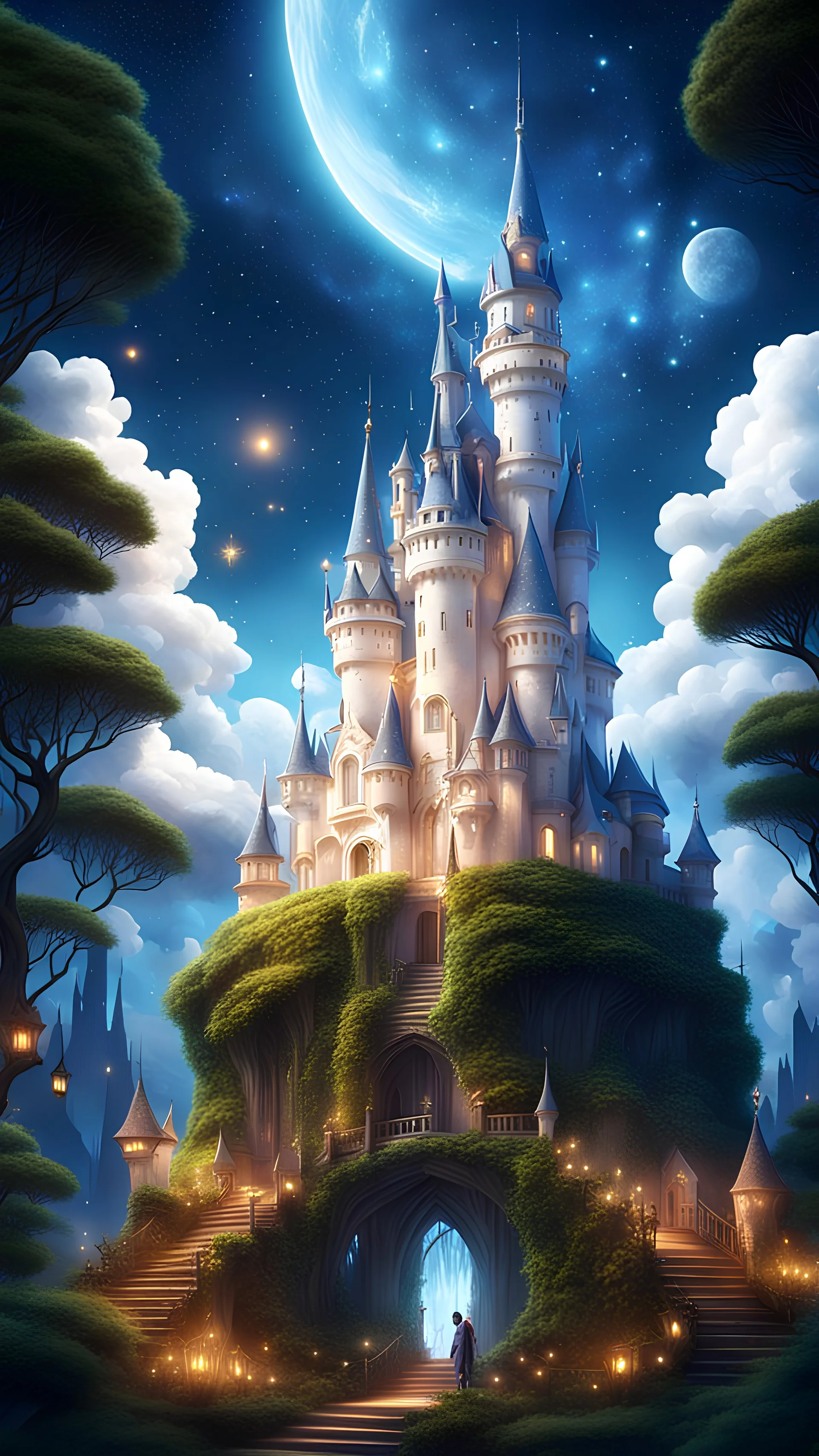 Sky City Castle Forest Arbesque Avatar Fantasy White Clouds Starry Sky Background Fairy Tale HD Clear Delicate ,8k