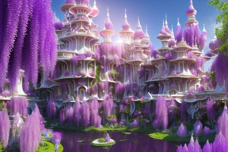 a magical crystal flower lys bougainvillier, arbor of pink wisteria, blue gold house crystal castle in wood of a lot of pink wisteria,blue lake,sun,white swanns,pink vertical, blue lake,sharp, vines, candlelit, endor, ornate, elegant, highly detailed, artstation, concept art, smooth, sharp focus, illustration, 8k, splash art, wallpaper, key visual