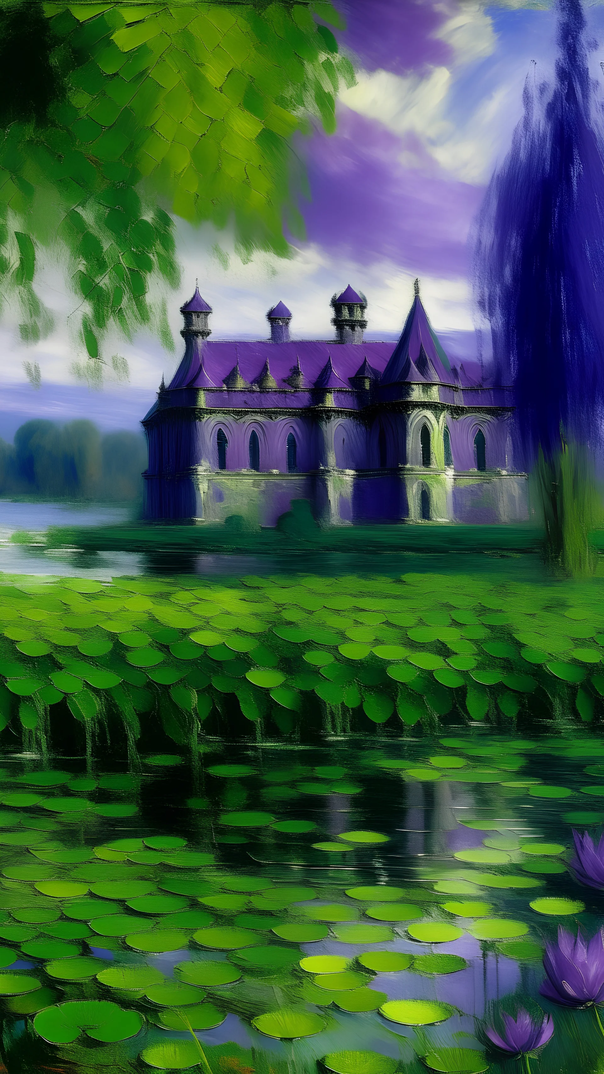 A purple castle near a toxic lilypond painted by Claude Monet