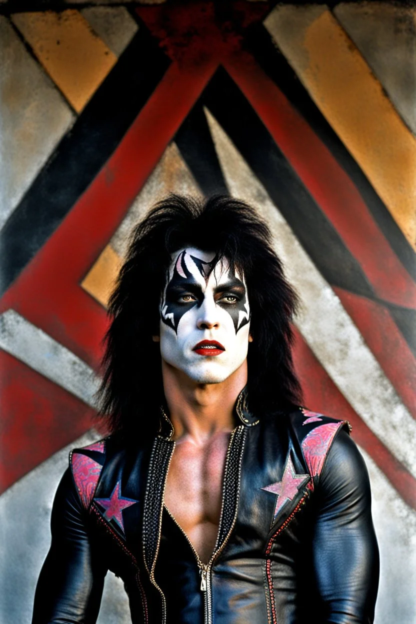 text 'KISS' - head and shoulders portrait, KISS - muscular 20-year-old Paul Stanley, Black star on right eye, Chest and stomach hair, rose tattoo on right shoulder, black spandex and leather, 8-inch high platform boots, - a multicolored cement wall in the background,