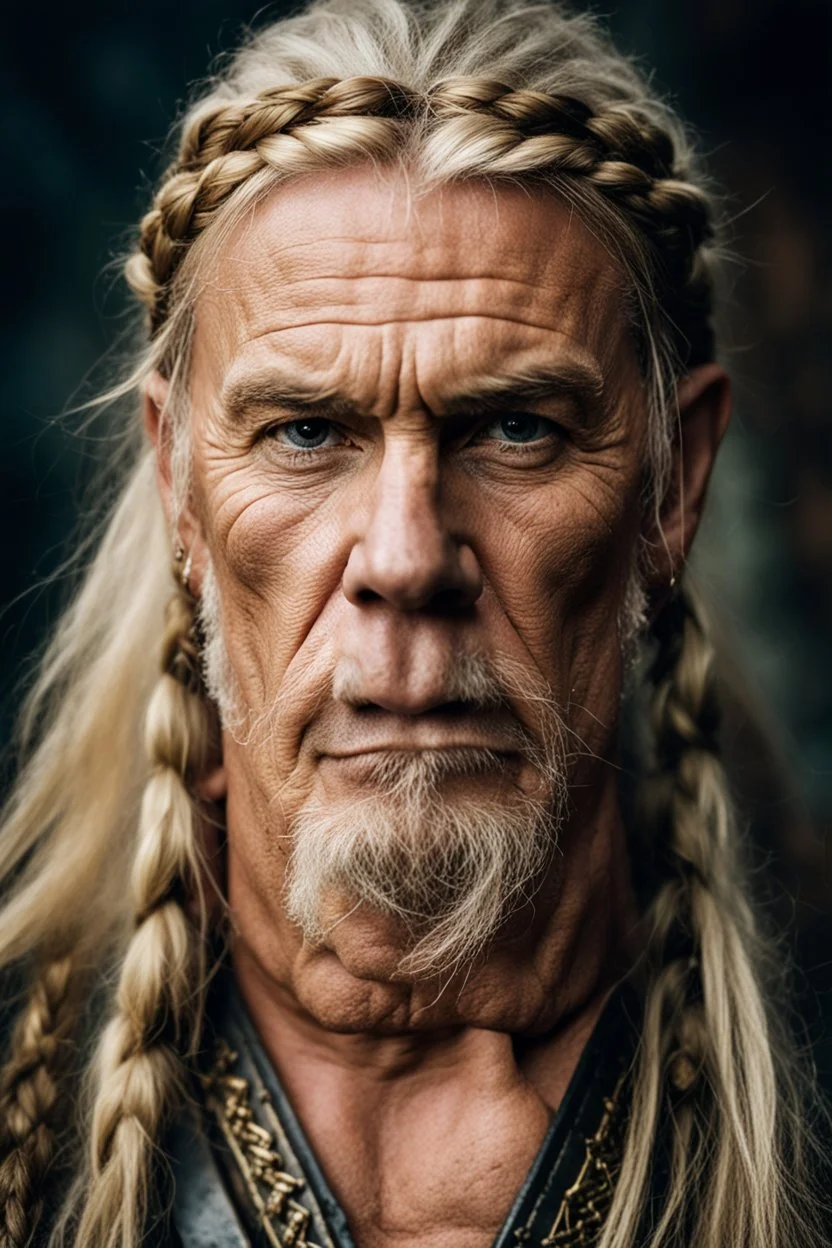 portrait of a 60-year-old viking , long blond hair with Two braids hung down neatly in front of his ears. Rugged face with a scar. blonde beard, fantasy