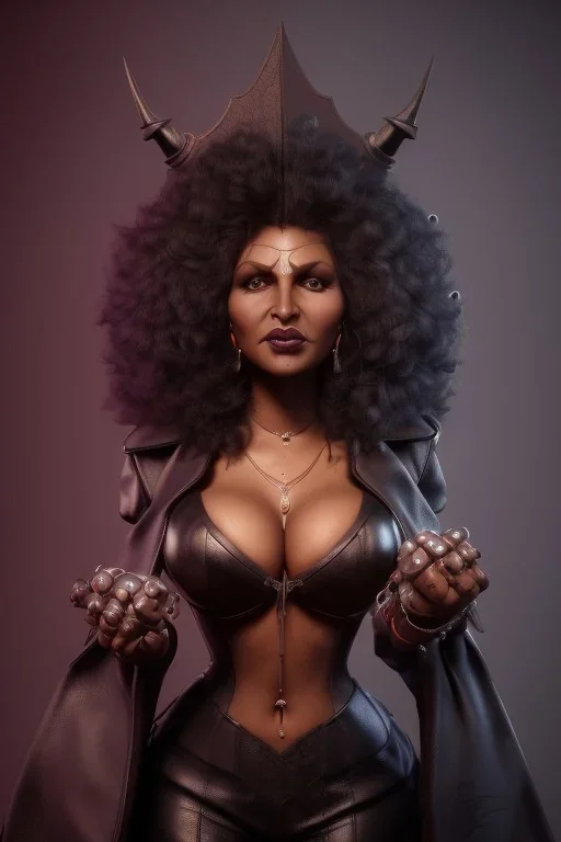 Pam Grier as evil queen in black leather, leather, busty, cleavage, angry, stern look. character design by cory loftis, fenghua zhong, ryohei hase, ismail inceoglu and ruan jia. unreal engine 5, artistic lighting, highly detailed, photorealistic, fantasy