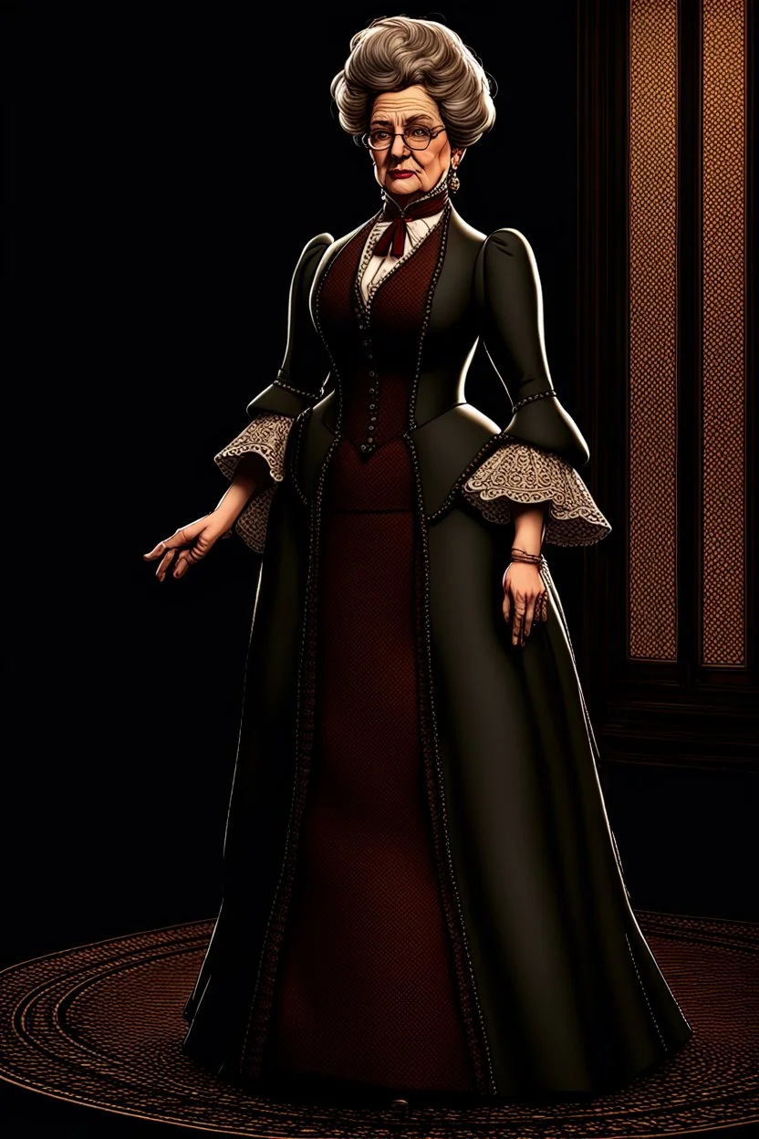 warm but stern aunty victorian era, posh british accent influenced, high born facial features dnd character on a solid black background, full body image, high quality realistic.