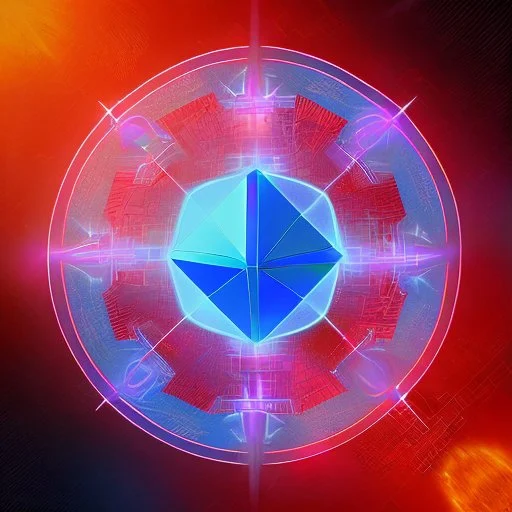 a blue metallic 4d cube inside a 4d red rotating cube in a four dimension environment