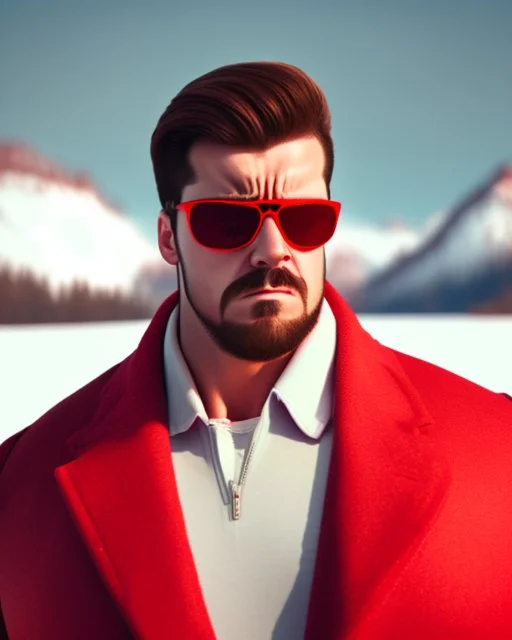 a young man with big muscles who looks like hans gruber wearing a heavy coat and red sunglasses staring with an irritated look on his face