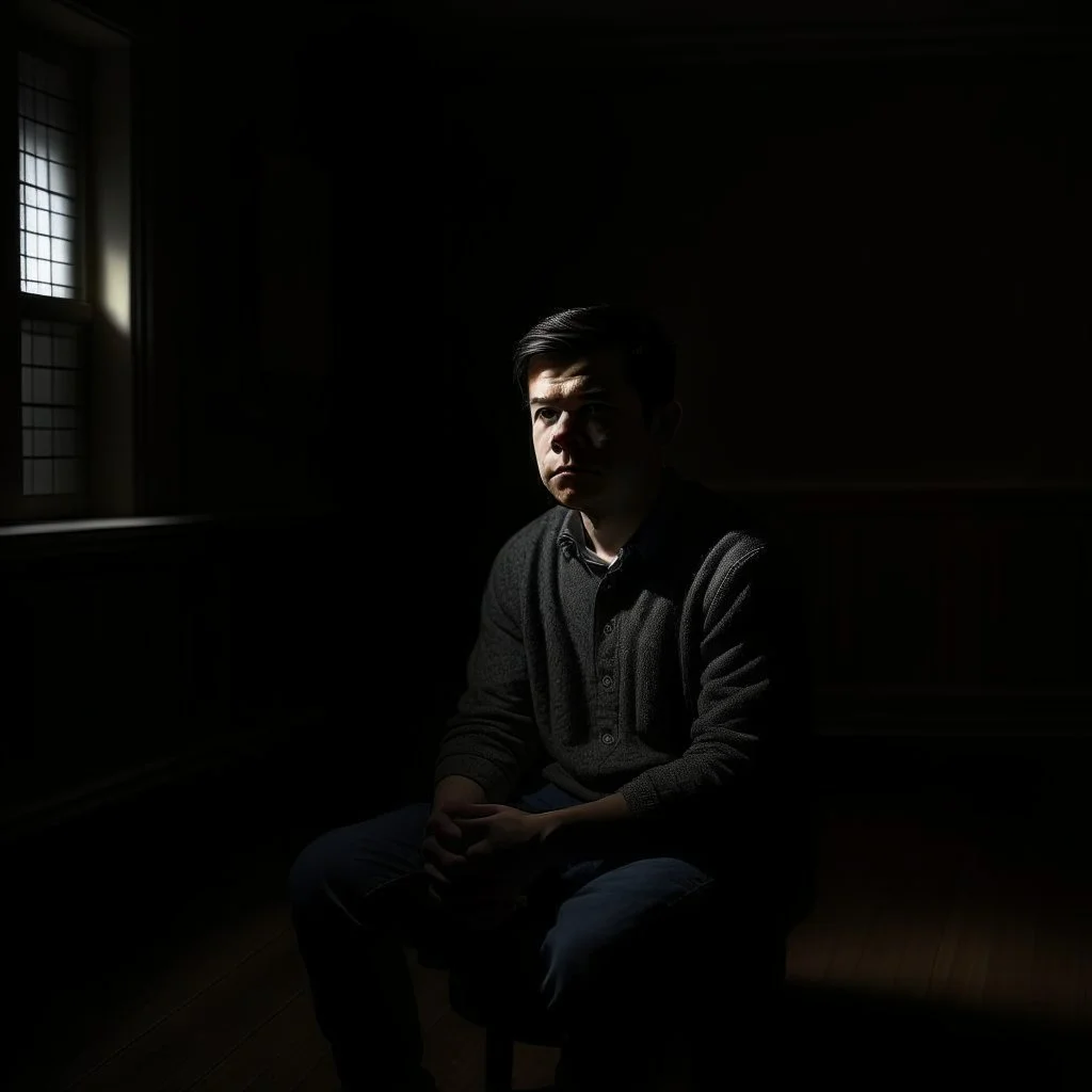 A young man sitting in a room that is half dark and half lit