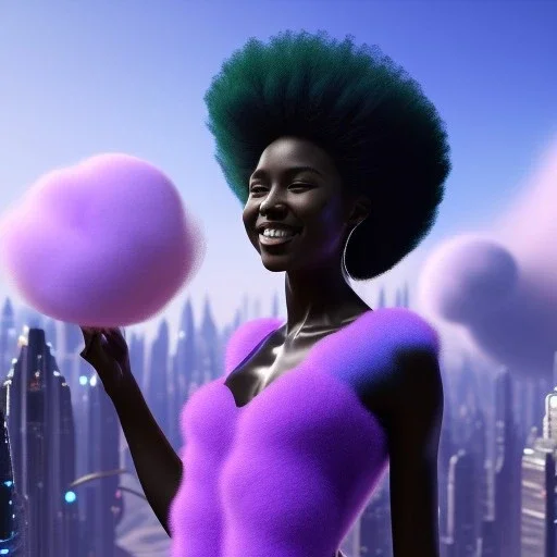 Ultra realistic photo. volumetric lighting , scientist. Young black woman, dark skin black woman. young, big smile. Joy. smiling. Afro futurism. Afro puffs. Blue hair. Ombré hair Cotton candy. Futuristic cities in background. Space. Space travel. Silver. Cities