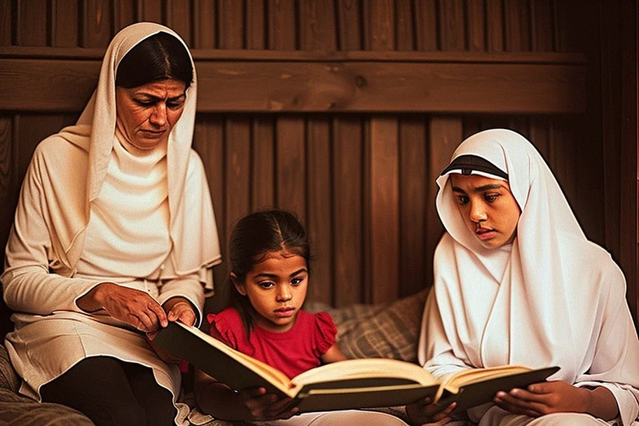 A close-up scene of an Arab mother reading the story from a book with her children around her in the room of the old wooden house near the fireplace 100 years ago.