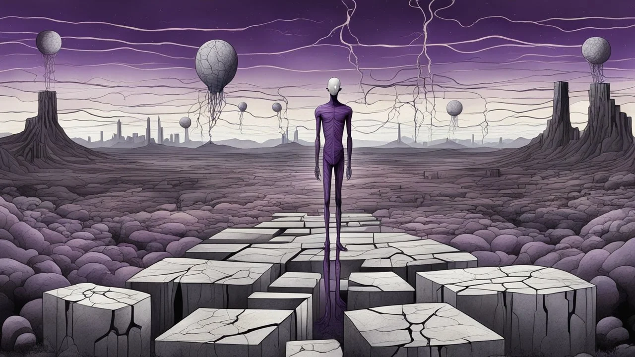 a nonbinary human figure stands inner in middle of an giant block of stone consisting of several layers outside around weird landscape with city in the distance, sharp lines, fade pale eyes, fade human figures in city, dark purple, gray, black, white, brown. Whimsical style and surreal vibe, lonely with absurd broken land, neuron network background, surreal nightmare vibe