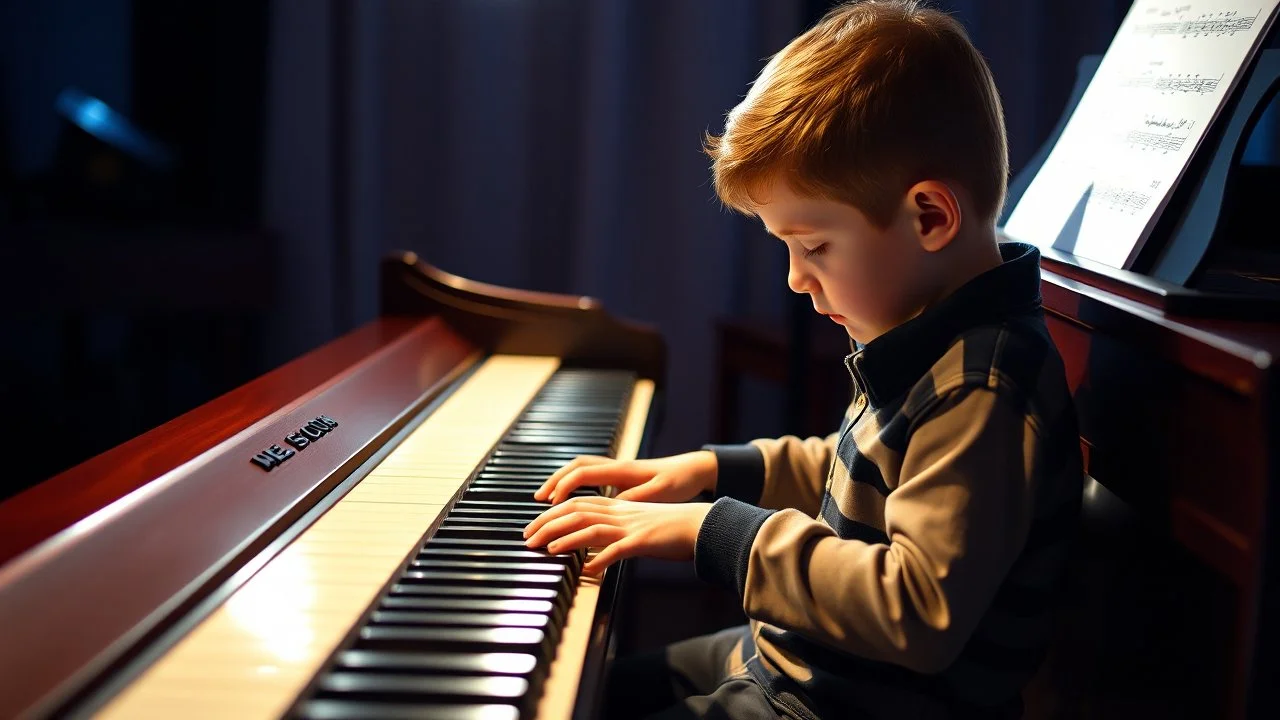 Young schoolboy playing the piano, award-winning colour photograph, beautiful lighting, accurate piano keyboard