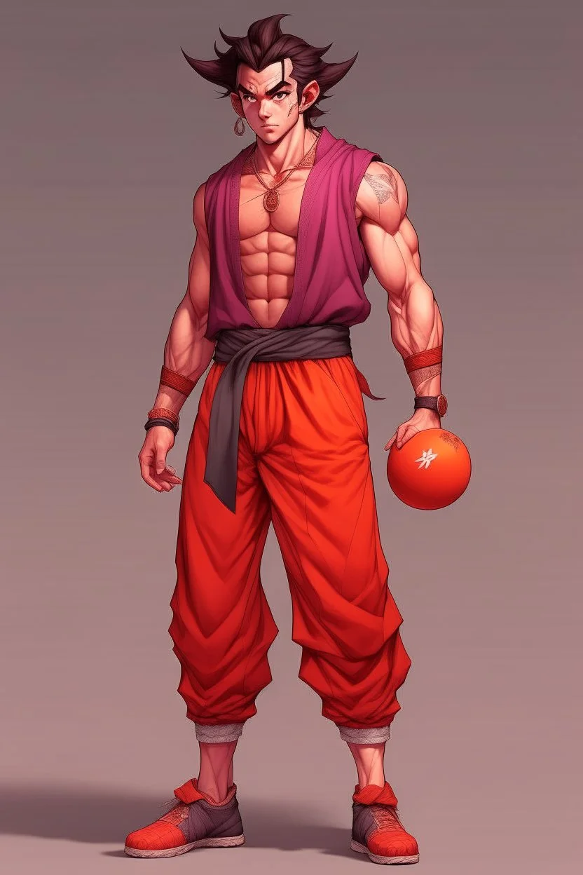 Full Body, Male Tiefling, monk boxer, street outfit, Goku