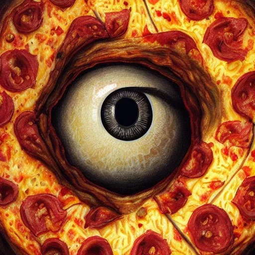 an eye in the shape of a pizza with one slice pulled out, gregory grie, naoto hattori, mihai criste, sara arasteh, 8k resolution, high-quality, fine-detail, intricate, digital art, detailed matte, volumetric lighting, dynamic lighting,