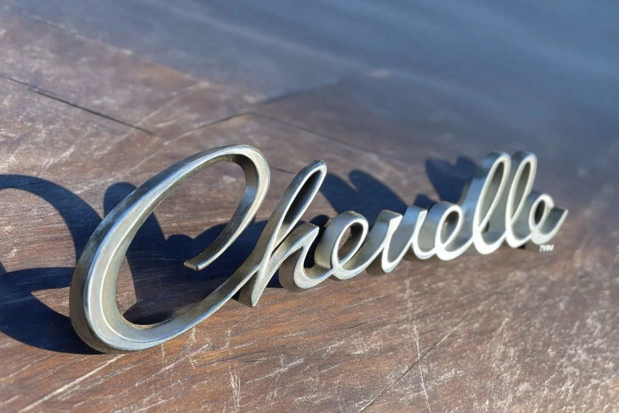 "Chevelle" metal nameplate 3d metal with shadow, on top of scratched wood surface