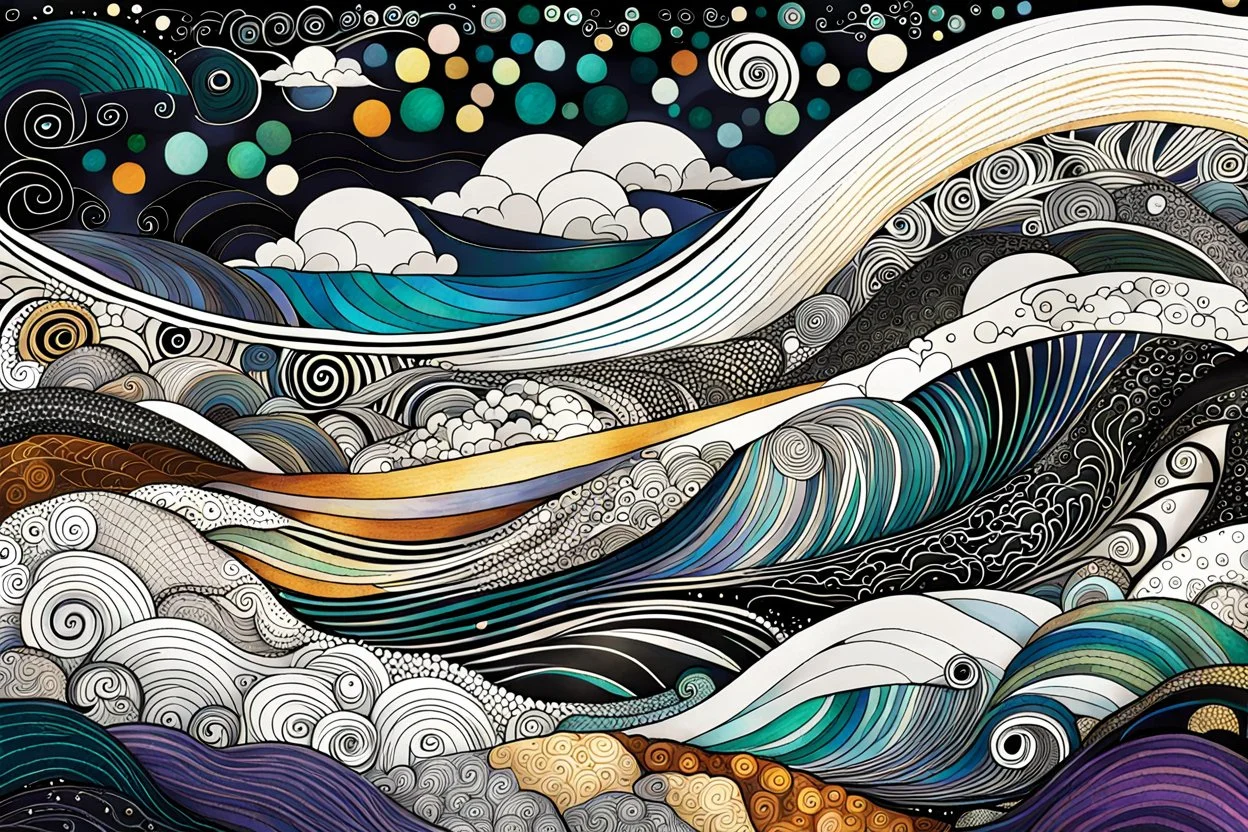 random color Zentangle patterns in the styles of Gustav Klimt ,Wassily Kandinsky, Paul Klee, and Kay Nielsen that depict a turbulent storm tossed sea