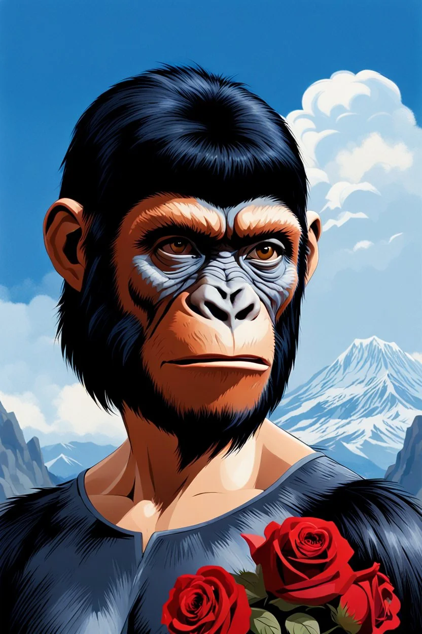 Planet of the Apes - black hair, Deep Blue Eyes - head and shoulders portrait - Lenna, part chimpanzee, part human, short, bowl-cut, straight black hair, the bangs cut straight across the forehead, she resembles a zira from the planet of the apes, and she resembles Leonard Nimoy - Mountains, blue skies, clouds, red roses, blue roses, yellow roses, honeysuckle roses, carnations, lilacs, professional quality, 32k, UHD, glossy, 1080p, Extremely high resolution Digital photograph, reality