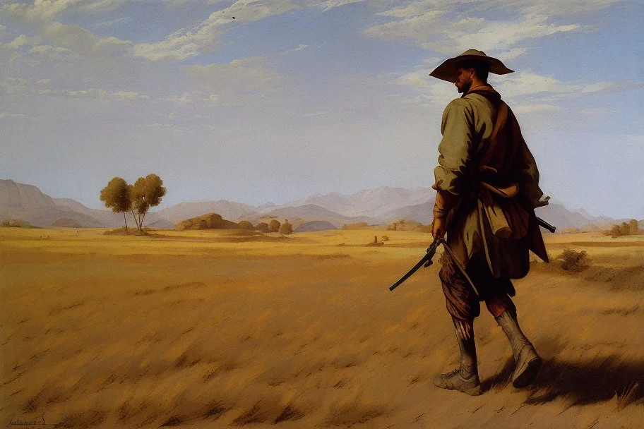 man with the gun walking among dry field by andrea del sarto