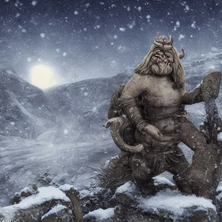 Realistic picture of a norse stone troll in the mountains, next to a firecamp and under the moonlight, with snow falling in the background and stars in the sky in a nostalgic mood --no dragon --no daylight --no hairs